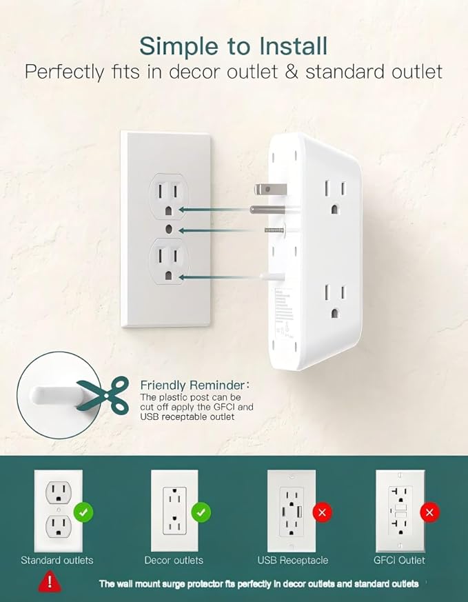 Addtam 6-Outlet Extender Surge Protector, Multi Plug Wall Outlet with 4 USB Wall Charger(PD 30W), Plug Extension Outlet with 1800J, Outlet Splitter Power Strip for Home Office, White