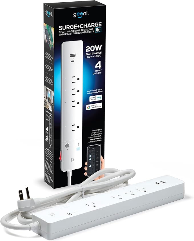 Geeni Smart Surge Protector Power Strip with 4 Smart Outlets, 2 USB Ports (USB-A & USB-C), Surge Protection, Wi-Fi & App Control, Works with Alexa & Google Assistant, Smart Power Strip