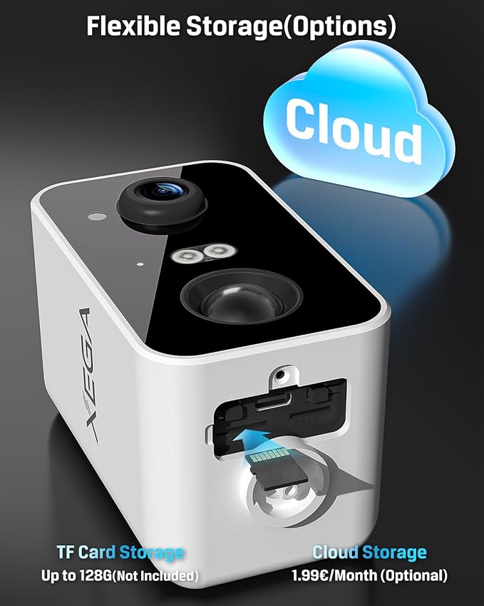 Xega 4G Cellular Security Camera: 10000mAh Battery, No WiFi Need, Pan 180°, Motion Detection, 2K Color Night Vision, 2-Way Audio, Siren Alarm, TF/Cloud IP66, Built-in SIM Card, Indoor and Outdoor