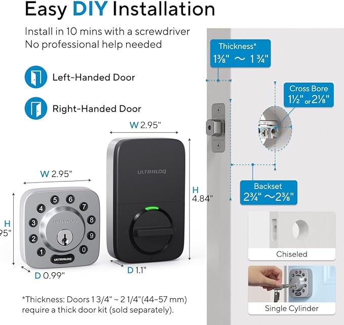ULTRALOQ U-Bolt WiFi Smart Lock with Door Sensor, Smart Keypad Deadbolt Lock for Front Door, Built-in Wi-Fi, Remote Control, App Passcode Unlock, Auto Unlock, Auto Locking, Share Access, ANSI Grade 1