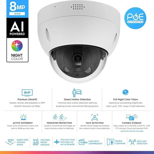 DahuaSecurity 4K 8MP PoE IP Camera, Smart Dual Light Outdoor Dome Camera with IK10 Vandal-Proof, Person/Vehicle/Animal Detection, Spotlight Color Night Vision, 2 Way Talk, IP67 (Dome-FB-8MP-B)