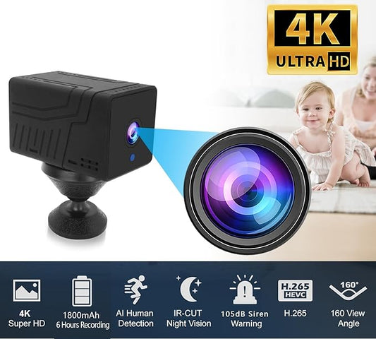 4K Wireless Wifi Camera,Upgrade 4K,1800mAh Battery Powered,WiFi Wireless Nanny Cam Home Security Camera Tiny Office Secret Surveillance Cam with 100 Days Standby AI Human Detection Auto Night Vision