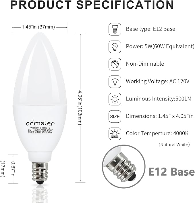comzler E12 LED Bulb Candelabra Base, Type B LED Bulb 60 Watt Equivalen 4000K Natural Daylight B11 Small Base, Chandelier Ceiling Fan LED Light Bulbs 500 Lumens No-Dimmable Pack of 8