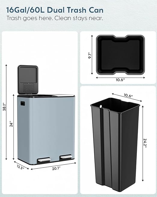 Arlopu 16Gal Dual Trash Can w/2 Built-in Box for Odor Control, Hands-Free Kitchen Garbage Bin, Recycle Waste Dustbin, Soft-Close Lid, 2 Buckets,Foot Pedal, Side Handle, Airtight,for Home (Haze Blue)