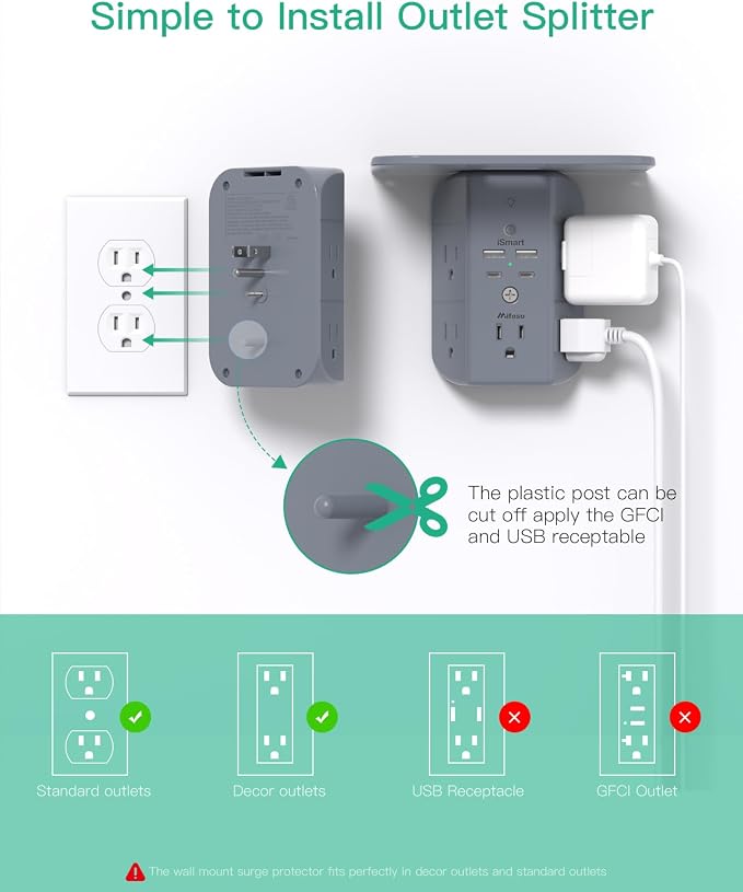 Wall Outlet Extender with Shelf and Night Light, Surge Protector, USB Wall Charger with 5 AC Outlets and 2 USB A Ports 2 USB C Ports Wide Space 3-Sided Power Strip Multi Plug Outlets, Gray