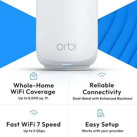 NETGEAR Orbi 370 Series Dual-Band WiFi 7 Mesh System for Home (RBE374) - Wireless Router (no Modem) + 3 Extenders, Security Features, 5 Gbps, Covers 8,000 sq.ft., 70 Devices, 2.5GB Port, BE5000