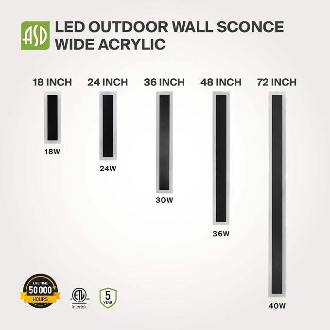 ASD LED 36" Long Wall Mount Light Fixture, Outdoor & Indoor Linear Sconce | 3CCT, Dimmable, Waterproof, Anti-Rust, ETL Listed | 30W 2350LM 3000-5000K 100-277V | Exterior Porch Lighting | Black