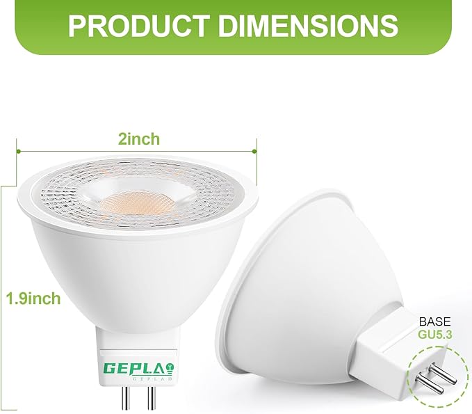GEPLAD 12 Pack MR16 LED Bulb 50W Halogen Equivalent, 5W 2700K Warm White, 450 Lumens,GU5.3 Bi-Pin Base, 38 Degree Spot Lighting for Indoor/Outdoor Landscape Track Bulbs-Not Dimmable AC/DC 12V
