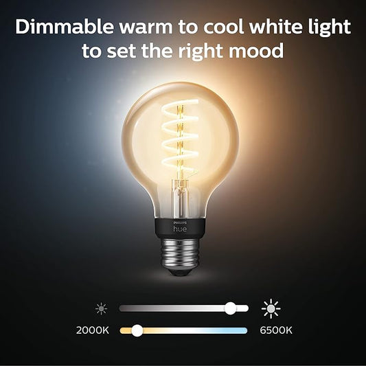 Philips Hue Smart 60W G25 Filament LED Bulb - White Ambiance Warm-to-Cool White Light - 4 Pack - 550LM - E26 - Indoor - Control with Hue App - Works with Alexa, Google Assistant and Apple Homekit