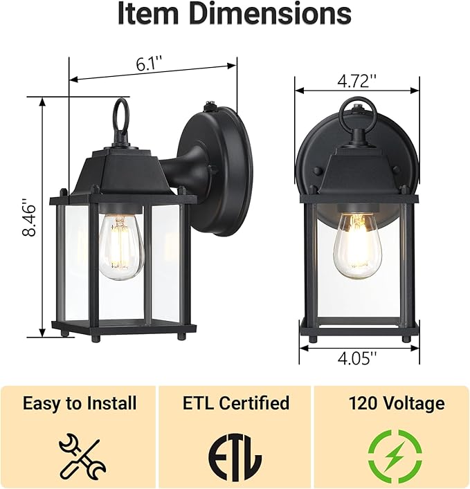 LIT-PaTH Dusk to Dawn Outdoor Wall Lantern, Wall Sconce, Waterproof Proch Light Fixture E26 Base, Aluminum Housing Glass Shade, Outdoor Rated, 2-Pack, Black