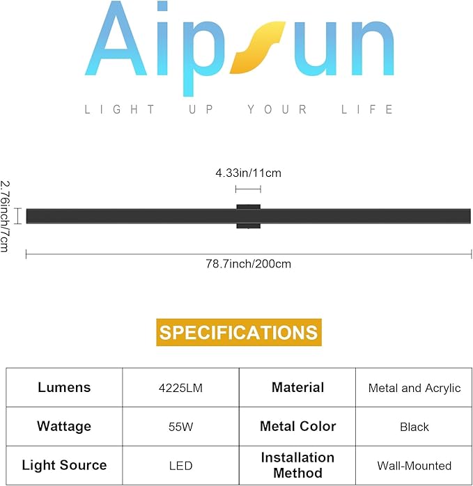 Aipsun 79in Black Outdoor Wall Sconce 3000K 4000K 6000K Modern Exterior Light 1 Pack, Long LED Linear Wall Light Outside Lighting for Entrance, Hallway, Garage, Porch(3CCT)