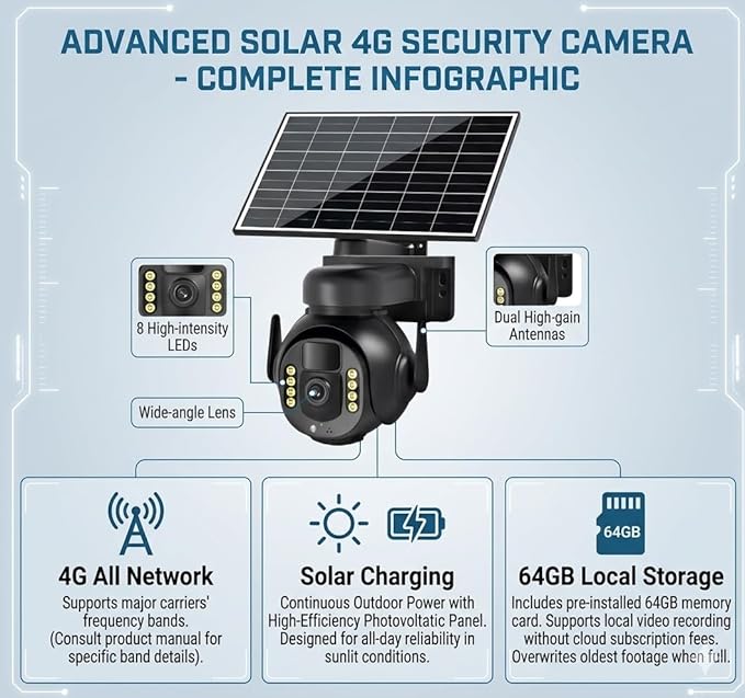 4K 8MP 4G LTE Cellular Security Camera, Outdoor Wireless Camera with Integrated SIM, Night Vision, Two-Way Audio, PIR Motion Detection, IP66 Weatherproof, SD Card Playback.