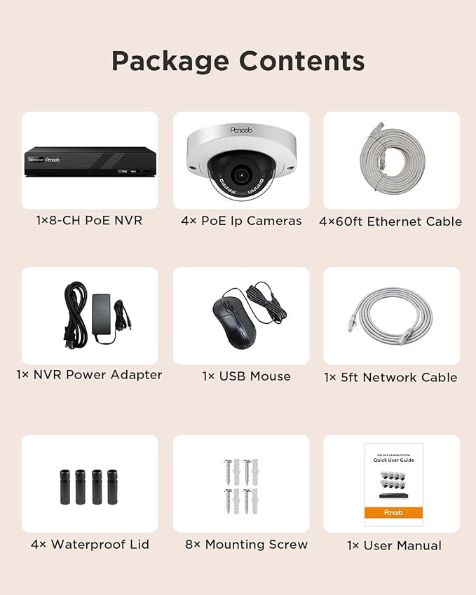 PoE Security Camera Systems 8 Channel NVR 2TB HDD, 4Pcs 5MP Wired IP Dome Cameras Outdoor Indoor w/Person Vehicle Detection, Built-in Mic IP67 2.8mm Lens 100ft IR Night Vision, PD63A0408-5M