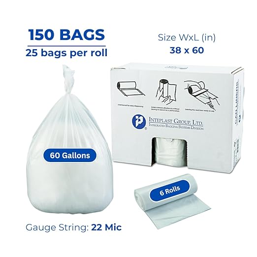 Inteplast Group S386022N 60 Gallon Capacity, 60" Length x 38" Width x 22 Mic Thickness, Natural Color, HDPE Commercial Coreless Institutional Trash Can Liner (Case of 6 Roll, 25 Bags per Roll)