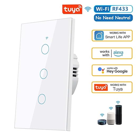 Smart Wi-Fi Light Switch, RF433, No Neutral Wire Required, Compatible with Alexa, Google Home, Smart Life App (3-Gang)