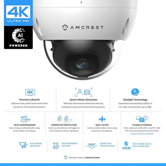 Amcrest UltraHD 4K (8MP) Outdoor Security PoE IP Camera, 3840x2160, 98ft NightVision, 2.8mm Lens, IP67 Weatherproof, IK10 Vandal Resistant Dome, MicroSD Recording, White (IP8M-2493EW-AI-V3)
