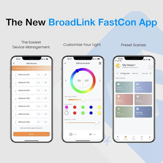 Broadlink FastCon Smart Bulb LB4E26 4-Pack, Color Changing with Music Sync, A19/E26/9W/800LM/110V, Compatible with Alexa and Google Home, GW4C Hub Required
