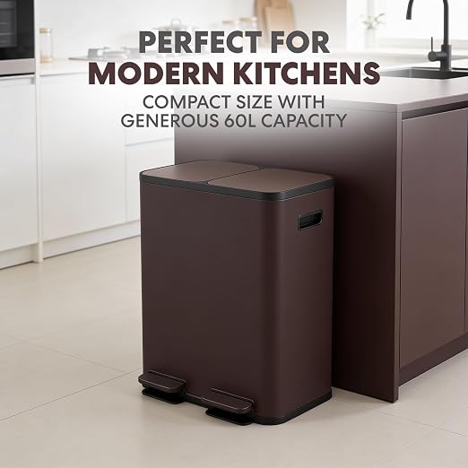 Simpli-Magic 60 Liter / 16 Gallon Rectangular Hands-Free Dual Compartment Recycling Kitchen Step Trash Can with Soft-Close Single Lid, Stainless Steel (30L x 30L Capacity) Brown