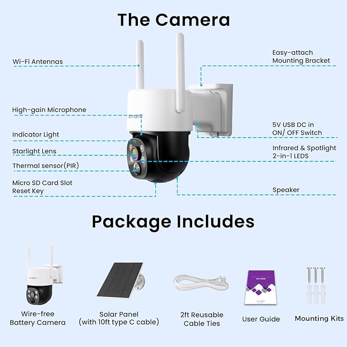 XMARTO 0-Light NIGHT COLOR Solar Wireless Security Camera Outdoor, PTZ Wire-Free Home Surveillance with AI Thermal Detection, Non-stop Solar Power, 0 Monthly Fee, 5G Dual Band WiFi 6, Alexa Compatible