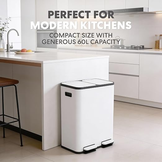 Simpli-Magic 60 Liter / 16 Gallon Rectangular Hands-Free Dual Compartment Recycling Kitchen Step Trash Can with Soft-Close Single Lid, Stainless Steel (30L x 30L Capacity) White