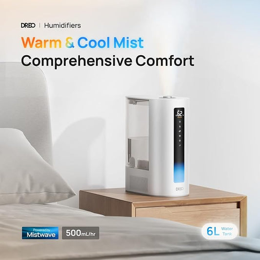 DREO 6L Humidifier Large Room, Warm & Cool Mist Humidifiers for Bedroom, 60H Runtime, 12H Timer, Top Fill, Humidity Indicator Light, Baby, Plants, Easy Clean, HM713
