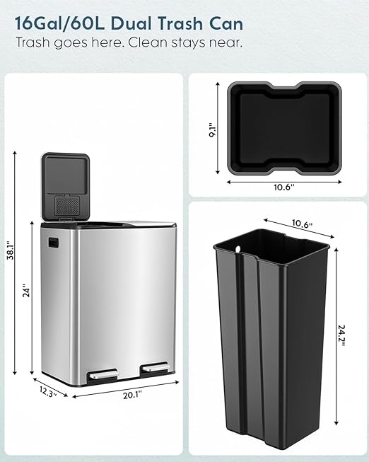 Arlopu 16Gal Dual Trash Can w/2 Built-in Box for Odor Control, Hands-Free Kitchen Garbage Bin, Recycle Waste Dustbin, Soft-Close Lid, 2 Buckets,Foot Pedal, Side Handle, Airtight,for Home (Silver)