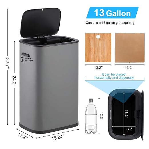 Garvee 13 Gal Motion Sensor Trash Can, Touchless Quiet Close Kitchen Bin