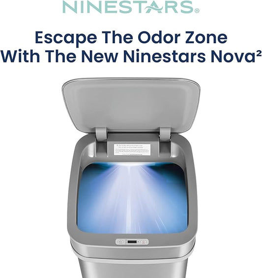 Ninestars 13 Gallon Odor Neutralizing Smart Trash Can, UV + Ozone Dual Purification, Odor Control Motion Sensor Garbage Bin, Universal Power Adapter, ONT-50-82SL Stainless Steel, Silver, Nova Series