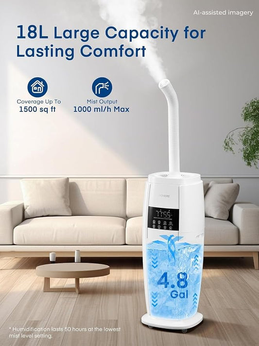 18L Humidifier Large Room, 1300mL/H Triple Mist, Up to 1500 Sq.Ft