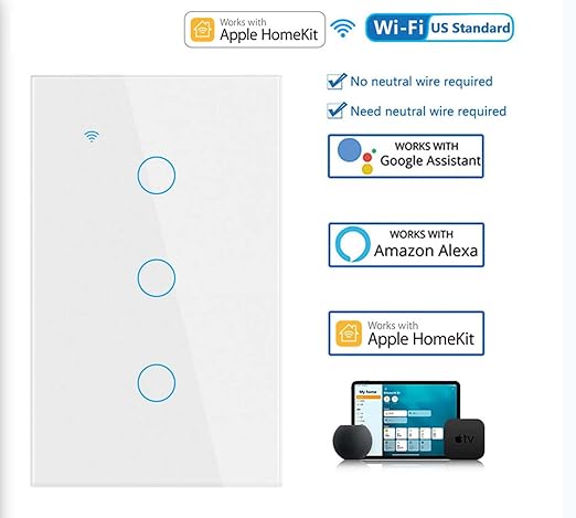 Smart Light Switch, Wi-Fi Enabled, White Glass Panel, Compatible with Apple HomeKit, Google Assistant, Alexa, No Neutral Wire Required, Touch Control (Wall Switch 3 Gang)