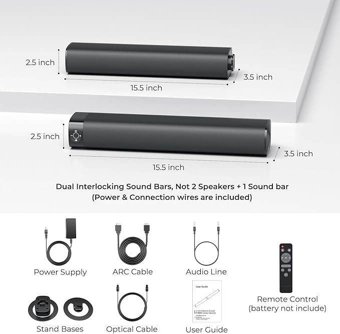 Sound Bar for Smart TV, 80W Soundbar with Bluetooth/ARC/Opt/AUX Connect, Auto Volume Boost, 3 Equalizer Modes, 2 in 1 Detachable Soundbar for TV/PC/Gaming/Projectors