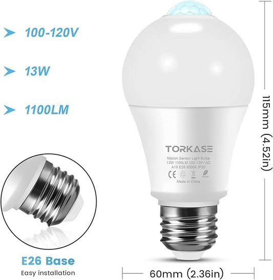 Motion Sensor Light Bulbs, 13W (100Watt Equivalent), Motion Activated Dusk to Dawn Security LED Bulb, 5000K Daylight, Energy-Efficient, for Indoor and Outdoor Lighting, Porch, Stairs, Hallway 4Pack