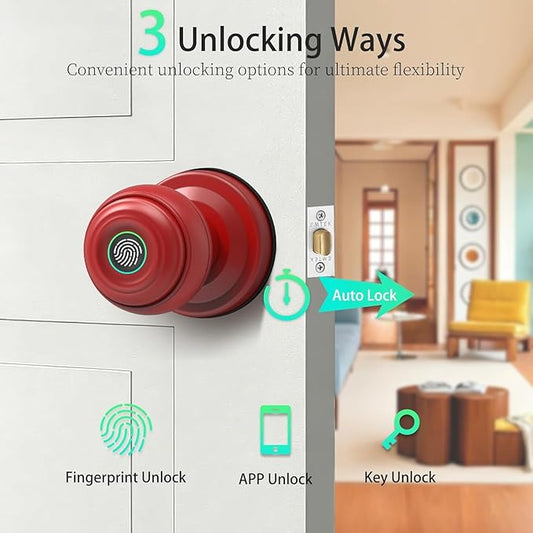 Smart Fingerprint Door Lock with Tuya App Control, Keyless Entry Lock with Backup Key, Auto-Lock, Easy Install for Home, Apartment, Office Red