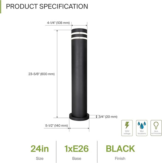 ASD 24" Round Bollard Light Fixture, Outdoor Pathway Floor Lamp | Antiglare, Waterproof, ETL Listed | 60W E26 Bulb Socket 120V | Landscape Hardwired Lighting, Exterior Post Lantern | Black