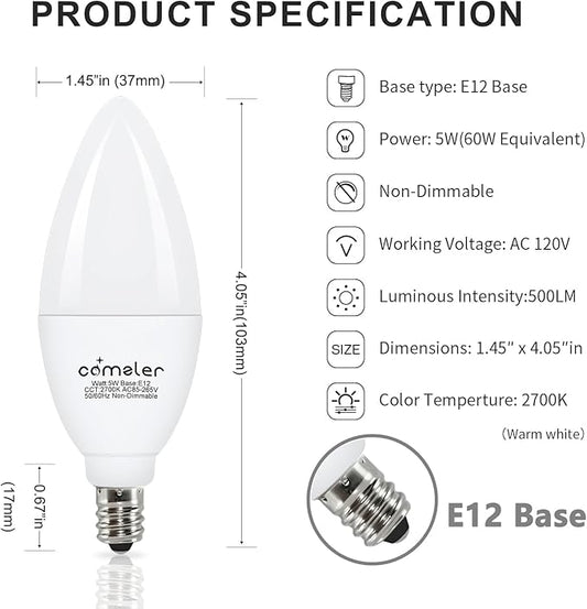 comzler 12 Pack E12 LED Candelabra Light Bulb, 2700K Warm White, 5 Watt 60W Equivalent Ceiling Fan Light Bulbs, Type B Light Bulb B11 Shape for Chandelier, Small Base, CRI85+, 500Lumen, Non-Dimmable
