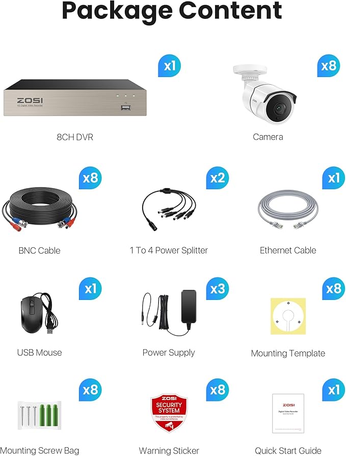 ZOSI 3K Lite Home Security Camera System with Audio, AI Human/Vehicle Detection, Night Vision, 8pcs 1920TVL Outdoor Metal Bullet Cameras, 8CH H.265+ CCTV DVR with 1TB HDD for 24/7 Recording