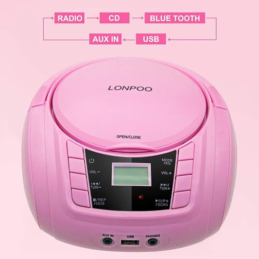 LONPOO Portable Boombox - CD Player, Bluetooth, USB, MP3, AUX, FM Radio, Portable, Built-in Stereo Speakers, Carrying Handle, LCD Display, Pink
