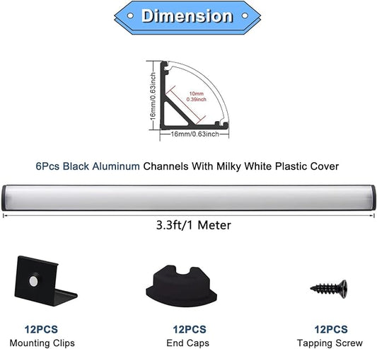 VST 6Pack 3.3 ft Black LED Aluminum Channel with Milky White Cover V Shape 16x16mm, Led Strip Light Track with Accessories for Led Strip Lights in Home Lighting