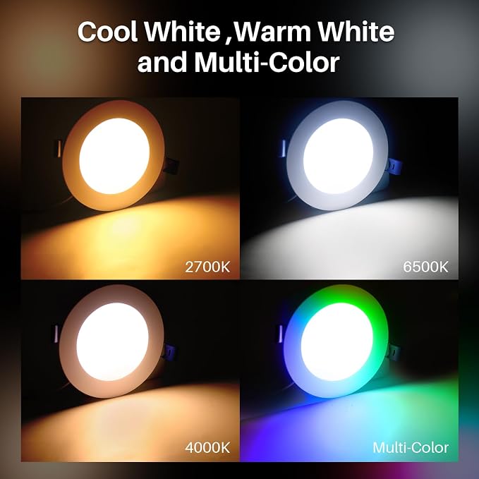 Peteme Smart LED Recessed Lighting 4 Inch, IC Rated ETL Certified, Canless | Ultra-Thin Downlight for Soffit, RGBCW Color Changing Recessed Ceiling Light with J-Box, Work with Alexa, 10W 800LM 6Pcs