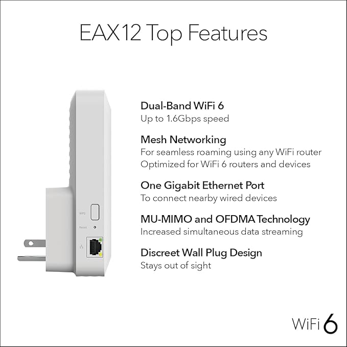 NETGEAR WiFi 6 Range Extender (EAX12) - Add up to 1,200 sq. ft., 15 Devices - AX1600 Dual-Band Wireless Signal Booster & Repeater (up to 1.6 Gbps Speed), WPA3 Security, Smart Roaming, Free Expert Help