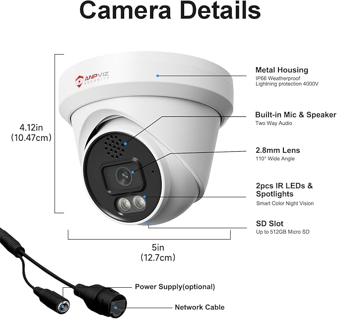 Anpviz UltraHD 4K IP Turret PoE Camera Outdoor, Two Way Audio Security Camera, Smart Dual Light Color Night Vision & AI Human Motion Detection, MicroSD Recording (512GB), Full Metal IP66, NDAA