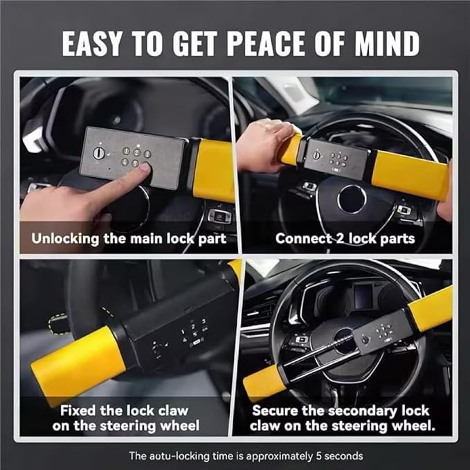 Smart Steering Wheel Lock with Alarm, Heavy-duty Car Anti-theft Device with Multiple Keyless Unlocking Way (Password + IC Card + Backup Keys), Fits 8.9–16" Truck Van SUV Car Wheels,Bright Yellow