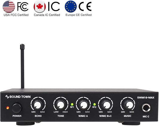 Sound Town Wireless Microphone Karaoke Mixer System with HD Audio Return Channel, Optical (Toslink), AUX, Supports Smart TV, Media Box, PC, Bluetooth, Soundbar, Receiver (SWM16-MAX)