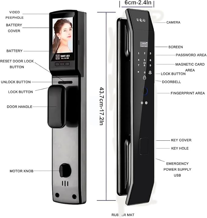 Smart Door Lock with 3D Face Recognition & Camera, Video Doorbell with Intercom, Fingerprint Keyless Entry, Password, IC Card, Key, Alexa Compatible, Tuya App Control, Smart Home Front Door Security