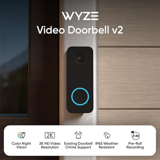 Wyze Video Doorbell v2, Wired, 2K Video, Two-Way Audio, Color Night Vision, Compatible with Alexa & Google Assistant, Black (Renewed)