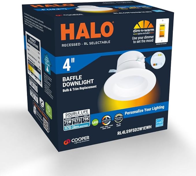 HALO RL 4 inch LED Recessed Light Retrofit Selectable CCT 2700K 3000K 3500K 4000K 5000K Dimmable Dim to Warm 600/900 Lumens Wet Location Indoor Outdoor Ceiling Downlight RL4LS9FSD2W1EWH