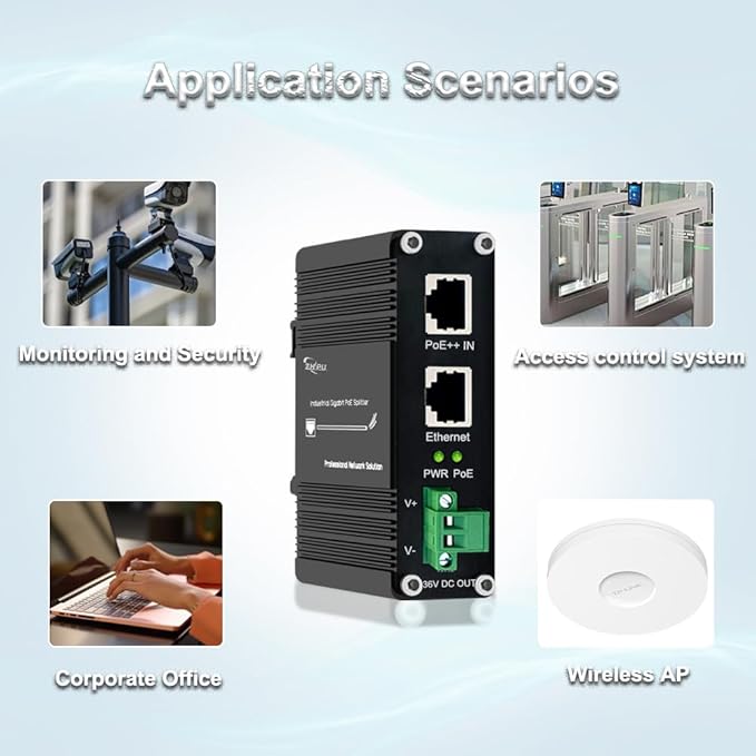 Htfoevrxs Industrial Hardened Gigabit 95W PoE++ Splitter IEEE802.3at/af/bt 36V DC Output Power Supply for Security Cameras, Access Control Systems