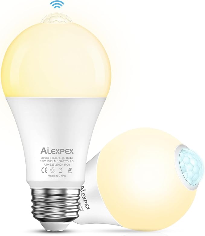 Motion Sensor Light Bulbs, 13W(100W Equivalent) 1100lm Auto Dusk to Dawn LED Bulb, A19 E26 Motion Activated Lightbulb 2700K Soft White Indoor Lighting for Closets Entryways Hallways 2 Pack