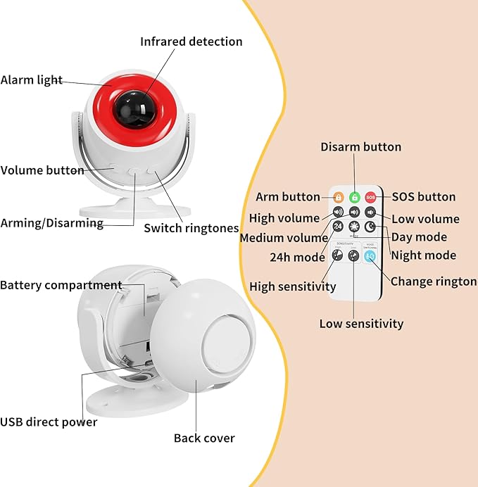3 Pack Wireless Motion Detector Alarm for Indoor Use, PIR Motion Sensor with Sound Player for Pets, Dogs & Animal Deterrent, Intruder Alert & Remote Safety System, Noise Maker Sensor de Movimiento