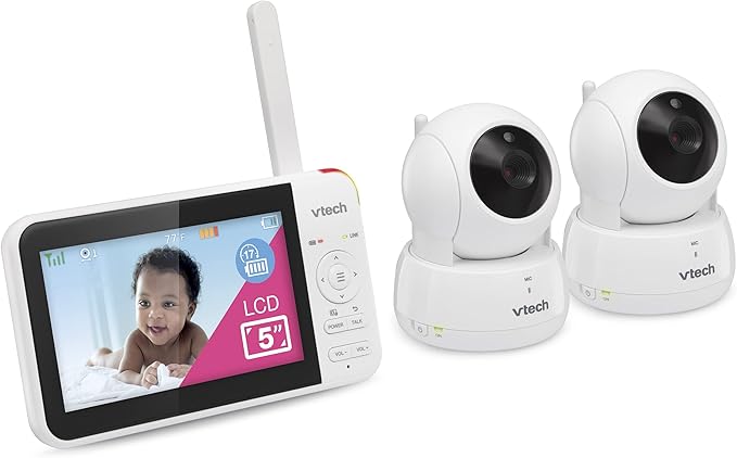 VTech VM924-2 5" Pan Tilt Zoom Video Baby Monitor with 2 Cameras – No WiFi, 17Hr Battery, 1000ft Range, Night Vision, Lullabies & Temperature Sensor – Ideal for New Parents & Twins
